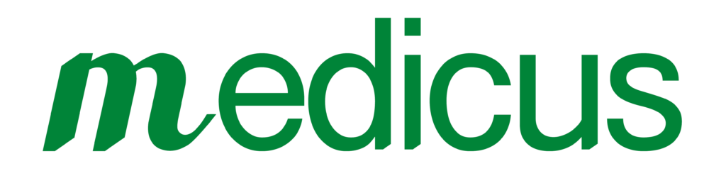Green 'medicus' logo in a bold serif font on white background